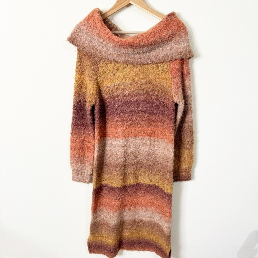 Caslon Orange Ombre Striped Long Sleeves Off Shoulder Wool Sweater Midi Dress - Picture 2 of 10